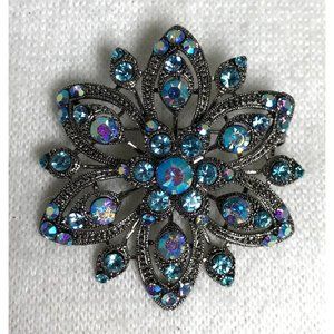 Vintage Blue Aurora Borealis Rhinestone Flower Brooch - 2.5"
